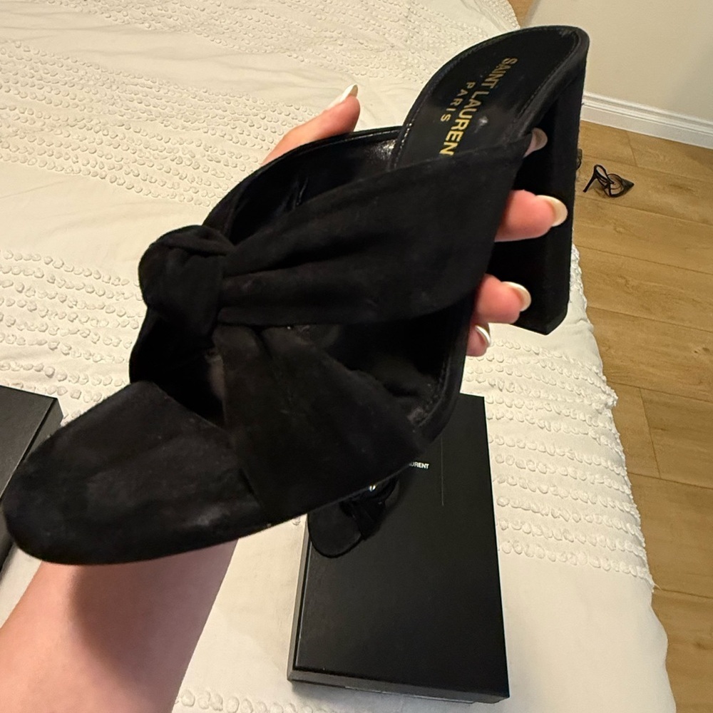 Saint Laurent Black Suede Knotted Block Heel Mule EU38-- AUTHENTIC!!